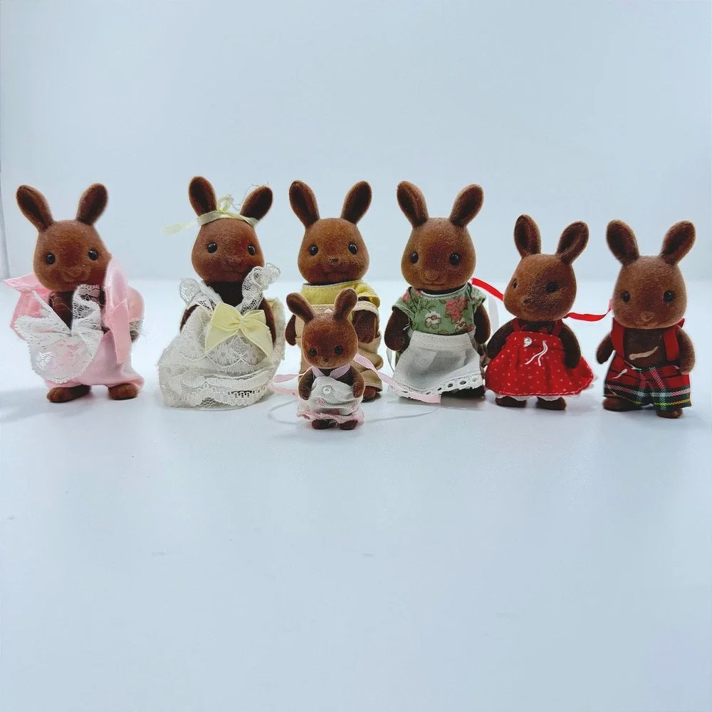 Vintage Sylvanian Families Calico Critters Brown Rabbit Family of 7 Bride/Groom
